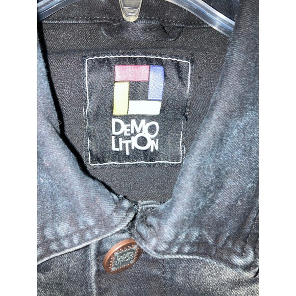 DEMOLITION Men's Distressed Black Denim Jacket Red Graphic Ripped Punk Size M - Picture 7 of 15